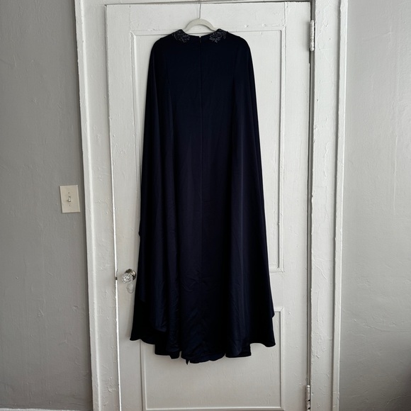 Rickie Freeman For Teri Jon Beaded Cape-Sleeve Satin Gown in Navy - Size 2 - Picture 7 of 14